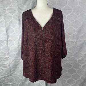Avenue Studio Black Red Micro Print Blouse Front Zip V-Neck 3/4 Sleeve Size 20